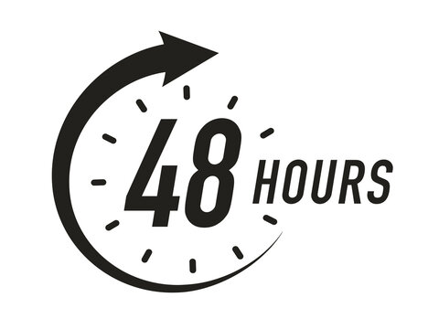 48 hours timer vector symbol black color style isolated on white background. Clock, stopwatch, cooking time label. 10 eps