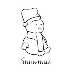 Vector illustration of snowman with inscription. Christmas print isolated on white background. Black outline. Icon with description.
