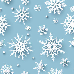 Fototapeta na wymiar Christmas seamless pattern with white snowflakes on a blue background. Vector illustration 