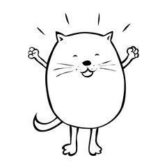 Fat tabby cat. Cheerful and joyful character. Fed up pet. Cartoon vector illustration. Hand drawn black and white sketch