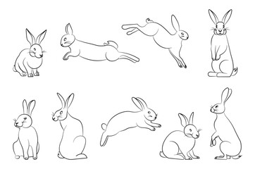 Obraz premium Set of bunny in simple one line style isolated on white background. Icons, symbols, elements, illustration of stylized cute bunnies.