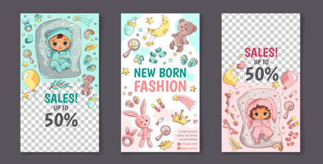 Fototapeta na wymiar Cute baby shop vertical banner. Social media design template with cute newborns and hand drawn toys for sale promotion, baby fashion, advertisement. Vector illustration with place for your text.