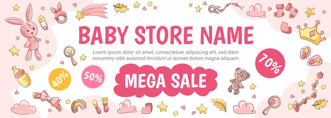 Baby Goods sale banner with place for text. Kids store vector poster with hand drawn illustrations of clothes, toys and balloons for promotion, social media post, template.