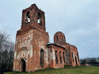 Ruins of the Orthodox Church of St. Alexei of the XIX century built in the village of Smolyany, Belarus. Abandoned historical heritage.