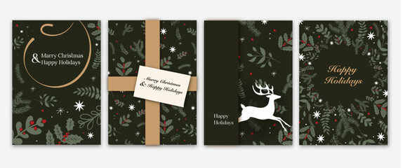 Holiday cards with Christmas tree, reindeers, birds,  floral frames, background, patterns and copy space. Universal artistic templates.. Appropriate for Traditional Corporate  use and personal, family