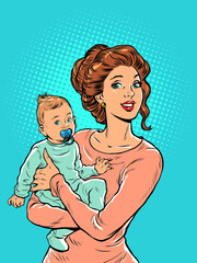 Joyful mother with a child in her arms. Mothers Day. Pop art retro style. Beautiful woman in motherhood