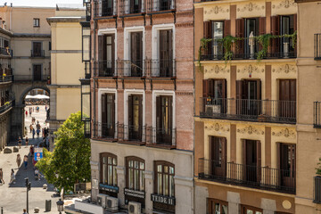 Facades of vintage houses near the Plaza Mayor in Madrid