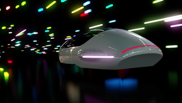  An unmanned hovercar of the future levitates at high speed in abstract space