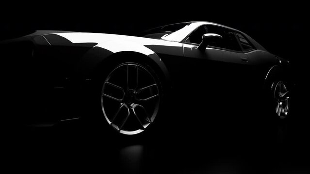 Animation of a sports car front view on a black background, in stylized reflexes and highlights