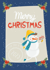 Cartoon illustration for holiday theme with happy snowman on winter background with trees and snow. Greeting card for Merry Christmas and Happy New Year. Vector illustration. - 546620322