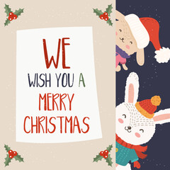 Cartoon illustration for holiday theme with  two happy funny rabbits on winter background with trees and snow. Greeting card for Merry Christmas and Happy New Year. Vector illustration. - 546620349