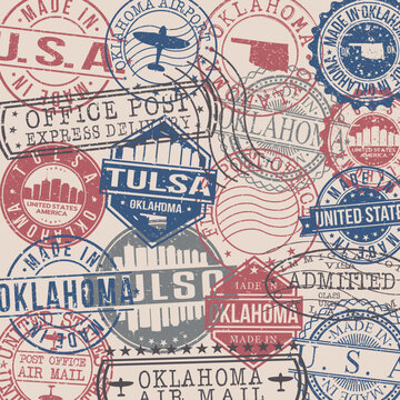 Tulsa, OK, USA Set Of Stamps. Travel Stamp. Made In Product. Design Seals Old Style Insignia.