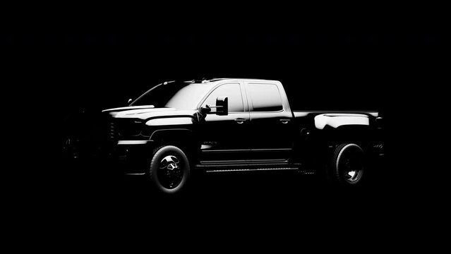 pickup truck side view on black background in stylized reflexes and reflections