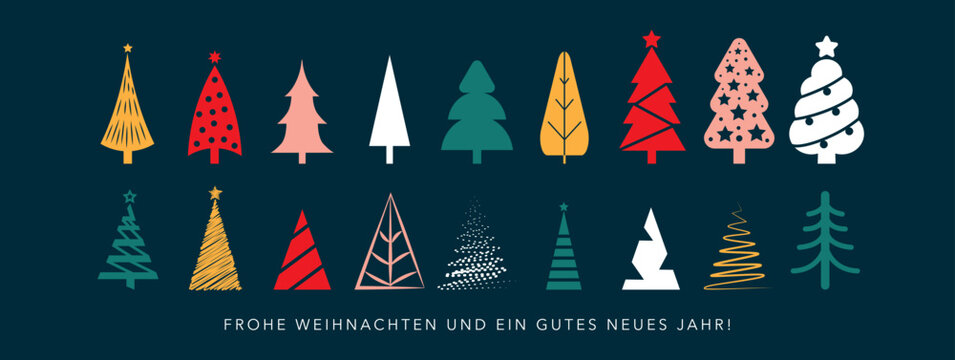 Weihnachtskarte mit deutschem Text und verschieden bunt geschm&uuml;ckten Weihnachtsb&auml;umen auf dunklem Hintergrund - Vektor Illustration