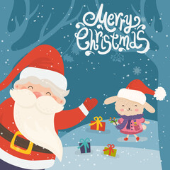 Cartoon illustration for holiday theme with happy Santa Claus and rabbit on winter background with trees and snow. Greeting card for Merry Christmas and Happy New Year. Vector illustration. - 546620505
