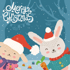 Cartoon illustration for holiday theme with  two happy funny rabbits on winter background with trees and snow. Greeting card for Merry Christmas and Happy New Year. Vector illustration. - 546620561
