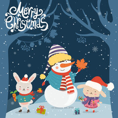 Cartoon illustration for holiday theme with snowman and two happy funny rabbits on winter background with trees and snow. Greeting card for Merry Christmas and Happy New Year. Vector illustration. - 546620562