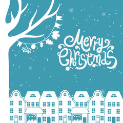 Cartoon illustration and text for holiday theme on winter background with trees and snow. Greeting card for Merry Christmas and Happy New Year. Vector illustration. - 546620703