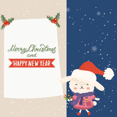 Cartoon illustration for holiday theme with happy bunny.Greeting card for Merry Christmas and Happy New Year.Vector illustration. - 546620714