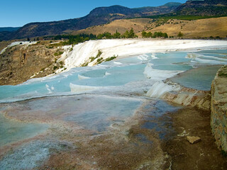 View of natural travertine pools and terraces in Pamukkale. Cotton castle in southwestern Turkey