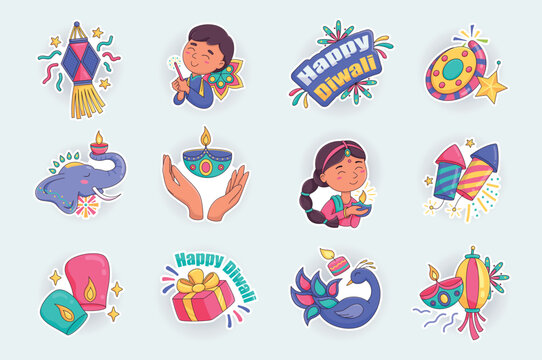 Diwali Hindu festival cute stickers set in flat cartoon design. Lanterns, oil lamps, candles, fireworks, Deepavali celebrate symbols and other. Vector illustration for planner or organizer template