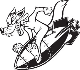 
cartoon vintage style wolf sitting on a air bomb