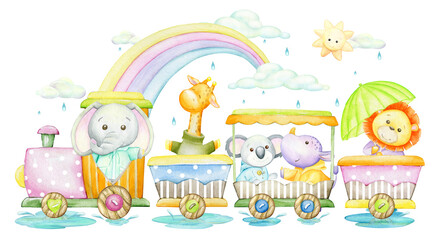 Elephant, giraffe, koala, rhinoceros, lion, train, rainbow, sun, Watercolor clipart in cartoon style, but isolated background.