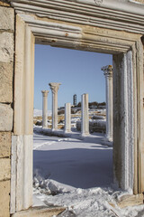 Ancient Greek columns in the snow