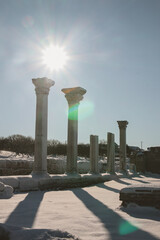 Ancient Greek columns in the snow