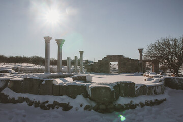 Ancient Greek columns in the snow