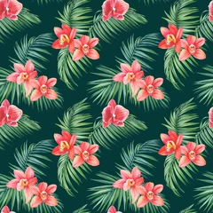 Foto op Aluminium Seamless pattern. Orchids Flower. Palm tropical exotic leaves, natural branch plants. jungle design. Botanical drawing © Hanna