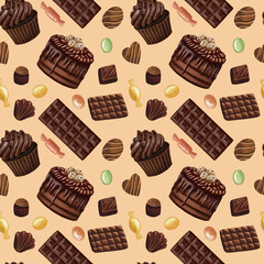 Hand drawn seamless pattern with chocolate products. Cocoa, caces, muffins, sweets digital paper, wrapping paper