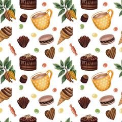 Hand drawn seamless pattern with chocolate products. Cocoa, hot chocolate, ice cream, sweets digital paper, wrapping paper on white background