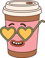 Christmas cocoa and coffee sticker in trendy retro cartoon style. Groovy hippie 70s aesthetic.