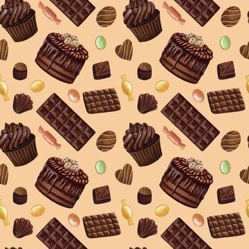 Hand drawn seamless pattern with chocolate products. Cocoa, caces, muffins, sweets digital paper, wrapping paper