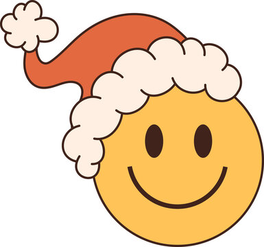 Smile with Santa hat in trendy retro cartoon style. Groovy hippi
