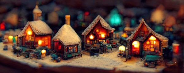Miniature Christmas village model background, Christmas scenery banner, streets on Xmas illustration, peaceful winter houses