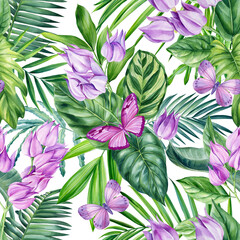 Seamless pattern, violet Flower. Palm leaves, tropical exotic plants. jungle design. Botanical drawing