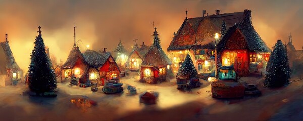 Tiny Christmas village background, Christmas scenery banner, streets on Xmas illustration, peaceful winter houses