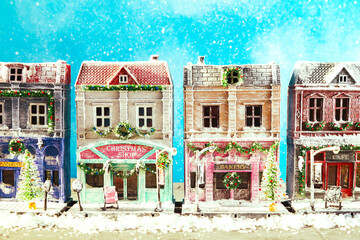 Winter snowy European street decorated for Christmas.