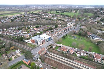 Chigwell Essex UK drone aerial view High street and residential roads