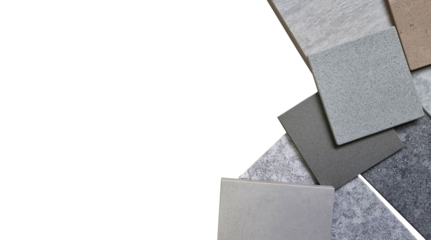 multi color of grainy artificial stones (quartz) and stone tiles samples isolated on background with clipping path. palette of interior stone material samples with blank space for design.