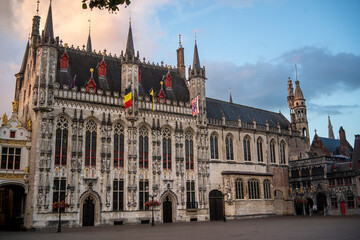 Fototapeta na wymiar view of the Town Hall and, on the right, Basilica of the Holy Blood in Bruges, Belgium