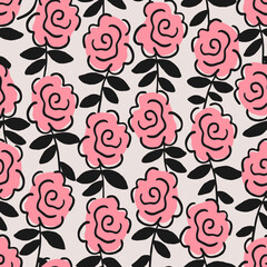Hand painted seamless pattern with flowers in pink and black on light beige background. - 546627140