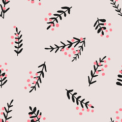Hand painted seamless pattern with Christmas berries in pink and black on light beige background. - 546627170