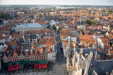 Fototapeta na wymiar Bruges, Belgium; view of the city from the top on Belfort tower of Market Square in city center.