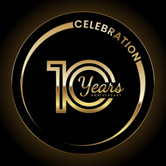 10th Anniversary Celebration. Anniversary logo design with double line style and gold color ring for celebration event, wedding, invitation, greeting card. Vector illustration