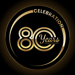 80th Anniversary Celebration. Anniversary logo design with double line style and gold color ring for celebration event, wedding, invitation, greeting card. Vector illustration