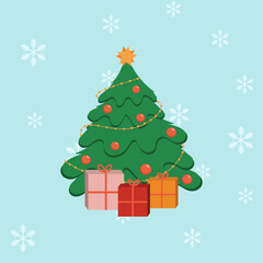 Naklejka premium Festive christmas tree flat vector illustration. Traditional xmas house decoration. Presents under fir tree decorated with garlands, various toys and star. New year, Winter holiday celebration