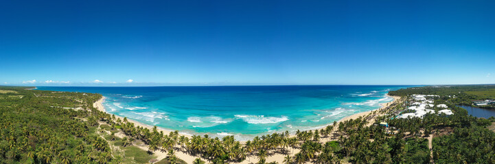 Wild tropical bounty and pristine beach  with coconut palm trees and turquoise caribbean sea. travel destination. Aerial view - obrazy, fototapety, plakaty